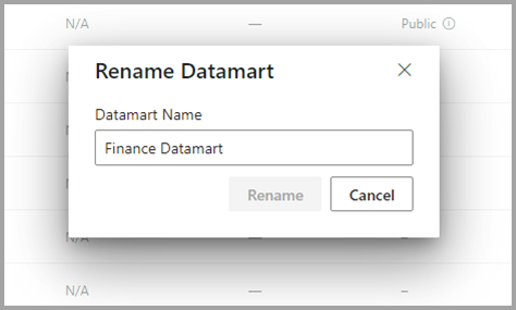 Skærmbillede af omdøbning af en datamart fra arbejdsområdet.