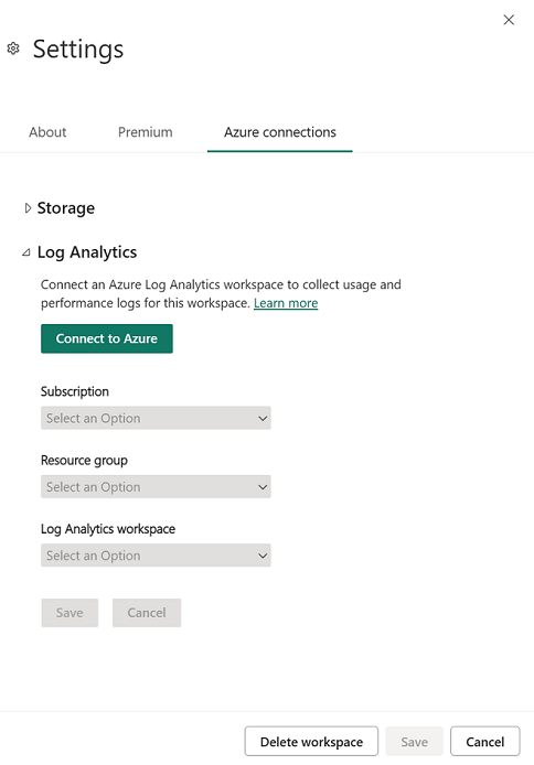 Skærmbillede af fanen Azure-forbindelser, der åbnes i ruden Indstillinger, Log Analytics er udvidet.