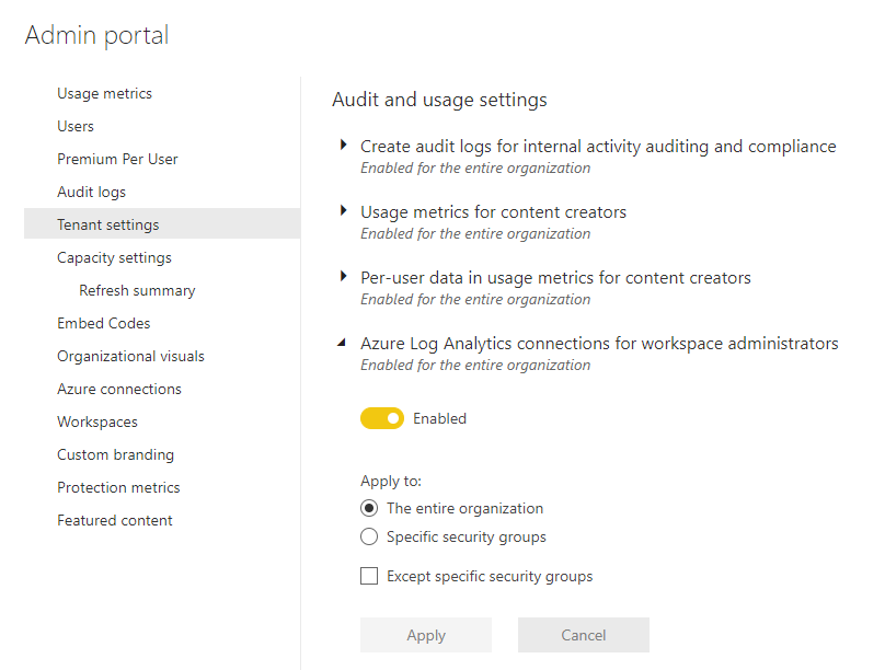 Skærmbillede af lejerindstillinger på administrationsportalen. Azure Log Analytics-forbindelser for administratorer af arbejdsområder er udvidet og aktiveret.