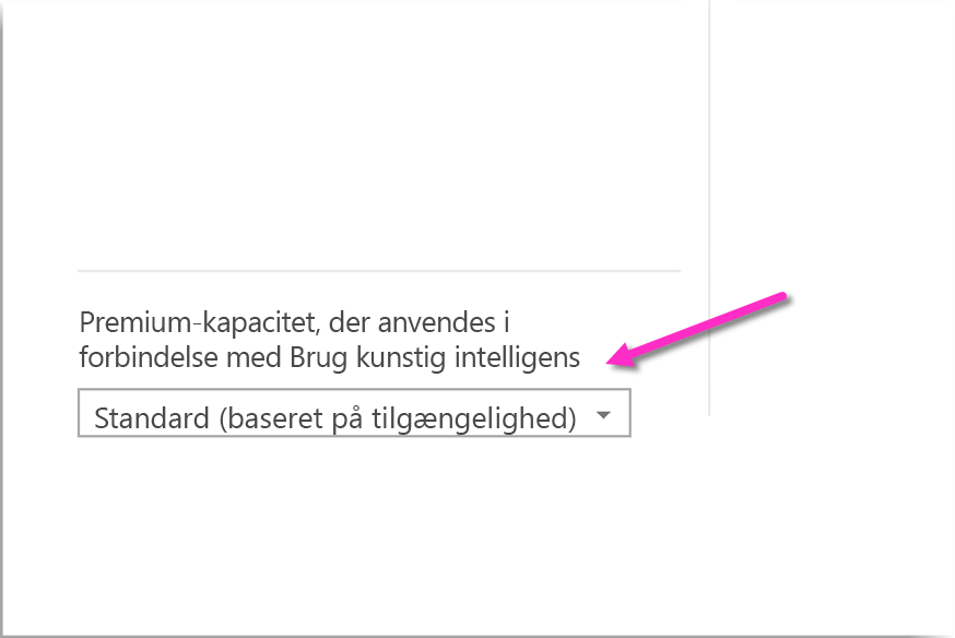Skærmbillede af rullemenuen for at vælge den Premium-kapacitet, der bruges til AI-indsigter.