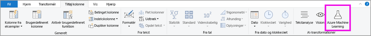 Skærmbillede, der viser knappen Azure Machine Learning i Power Query-editor.