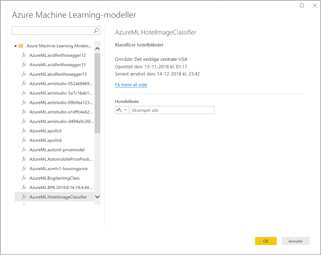 Skærmbillede af dialogboksen Azure Machine Learning-modeller.