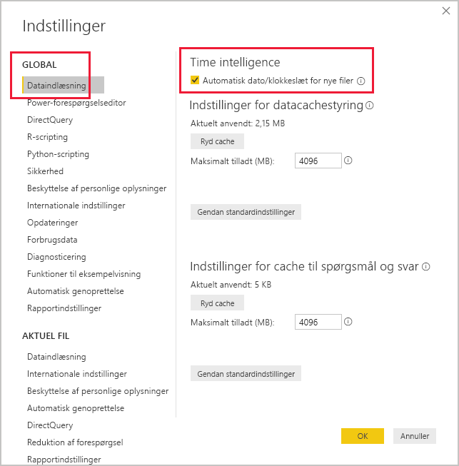 Skærmbillede af feltet Indstillinger i Power BI Desktop.