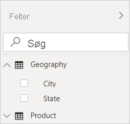 Skærmbillede af Power BI Desktop, der viser filteret Geografi i visningen Felter.