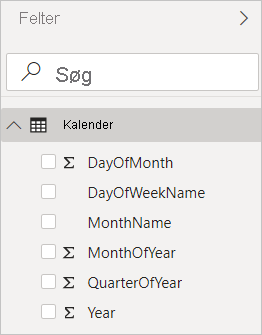 Skærmbillede af Power BI Desktop, der viser beregnede kolonner i visningen Felter.