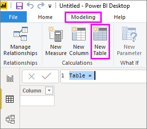 Skærmbillede af menubåndet i Power BI Desktop med Tabelværktøjer, Ny tabel og Tabelvisning fremhævet.