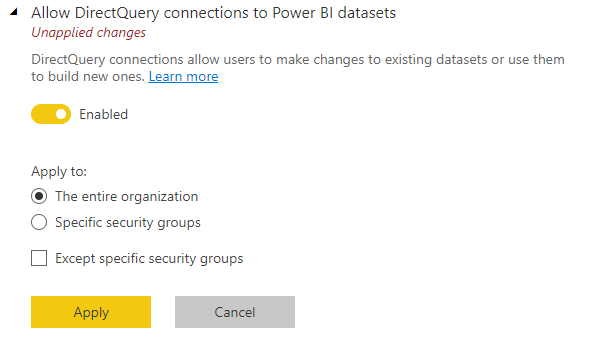 Administratorindstilling til at aktivere eller deaktivere DirectQuery-forbindelser til semantiske Power BI-modeller.