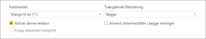 Skærmbillede af den nederste del af dialogboksen Opret relation, der viser indstillingerne Kardinalitet og Tværgående filterretning.