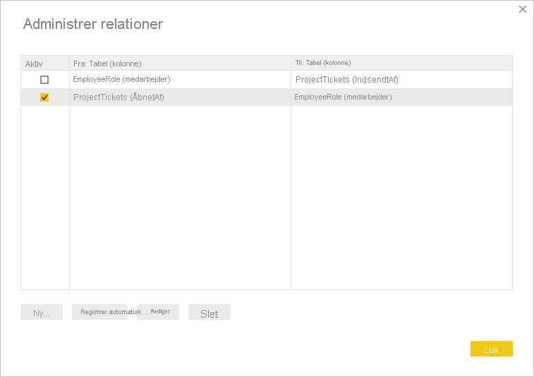 Skærmbillede af en OpenedBy-aktiv i dialogboksen Administrer relationer.