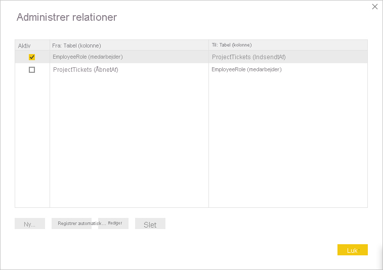 Skærmbillede af ændring af den aktive relation i dialogboksen Administrer relation.