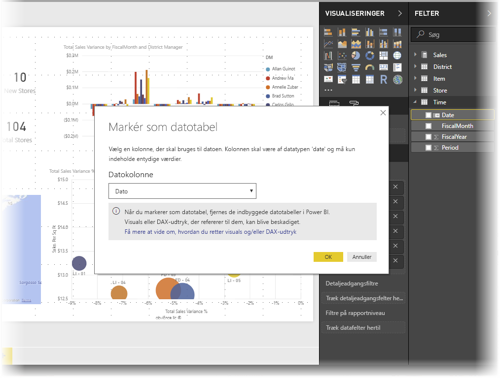 Skærmbillede af Power BI Desktop, der viser dialogboksen Markér som datotabel.