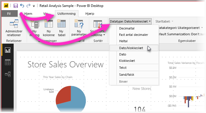 Skærmbillede af Power BI Desktop, der viser fanen Udformning med filteret Datatype valgt.