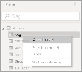 Skærmbillede af den oprindelige genvejsmenu for et felt i Power BI Desktop.