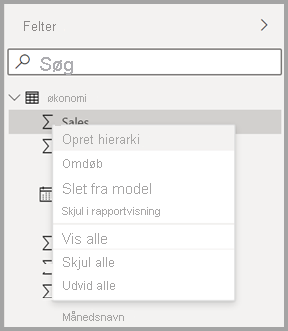 Skærmbillede af den nye genvejsmenu for et felt i Power BI Desktop.