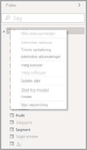 Skærmbillede af den oprindelige genvejsmenu for en tabel i Power BI Desktop.