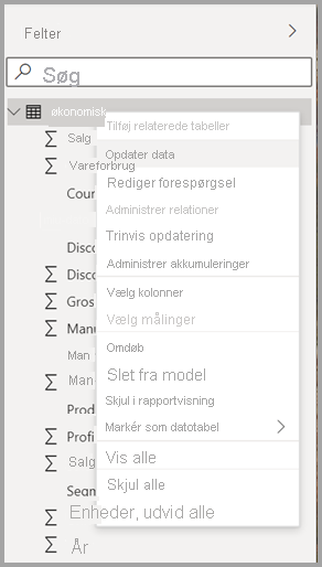 Skærmbillede af den nye genvejsmenu for en tabel i Power BI Desktop.