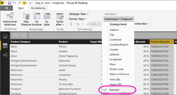 Skærmbillede af Power BI Desktop, der viser fanen Kolonneværktøjer i tabelvisning. Rullelisten Datakategori er valgt, og Stregkode er fremhævet.