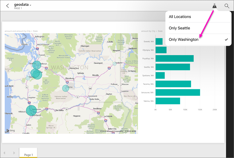 Skærmbillede af en rapport i Power BI-appen, der fremhæver det geografiske filter.