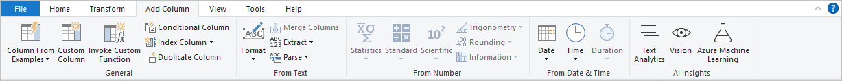 Skærmbillede af Power BI Desktop, der viser fanen Tilføj kolonne.