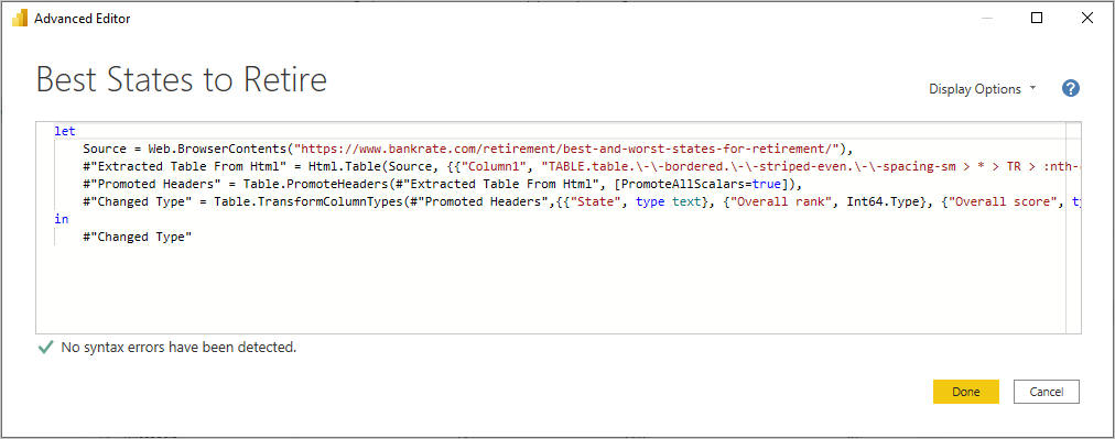 Skærmbillede af Power BI Desktop, der viser dialogboksen Avanceret editor.