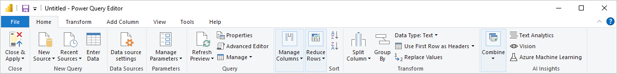 Skærmbillede af Power BI Desktop, der viser båndet Power Query-editor forespørgsel.