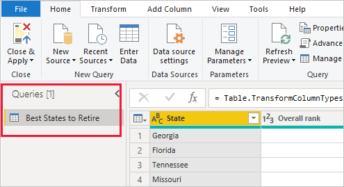 Skærmbillede af Power BI Desktop, der viser forespørgsler i venstre rude.