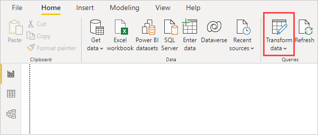 Skærmbillede af Power BI Desktop med ikonet transformér data fremhævet.