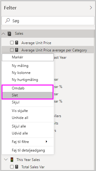 Skærmbillede af indstillingerne slet og omdøb en hurtigmåling i en rullemenu.