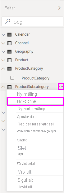 Skærmbillede af Ny kolonne i rullemenuen.