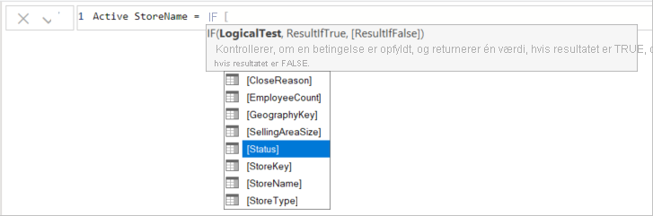 Skærmbillede af Status valgt for funktionen IF på formellinjen.