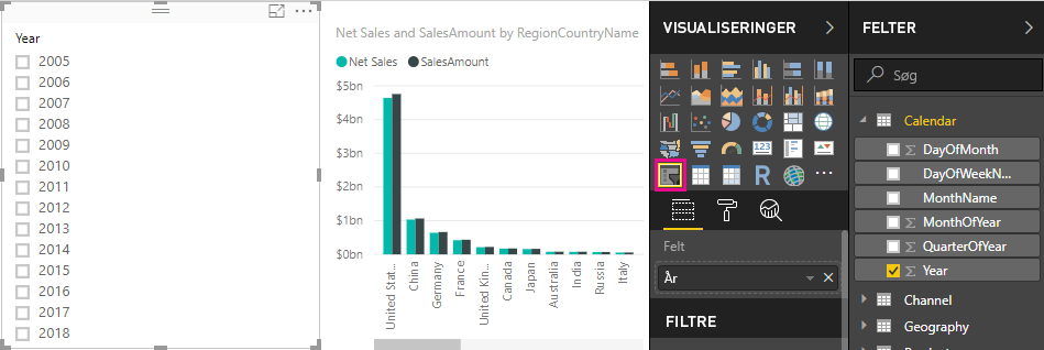 Skærmbillede af udsnitsikonet i ruden Visualiseringer.