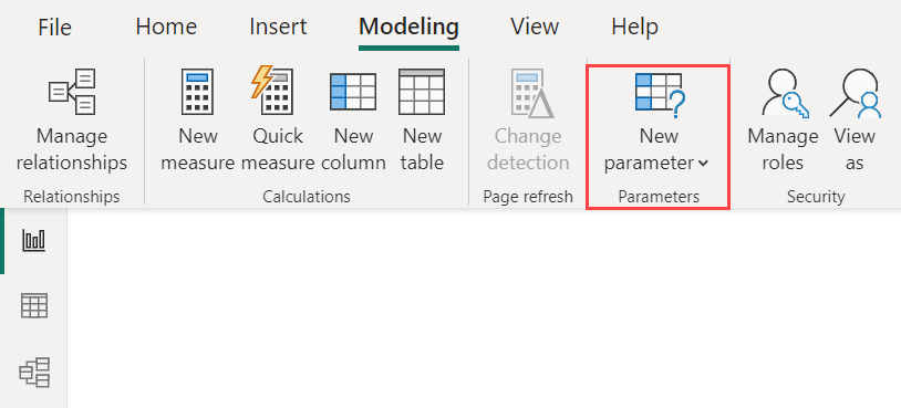 Skærmbillede af Power BI Desktop, der fremhæver knappen Ny parameter.