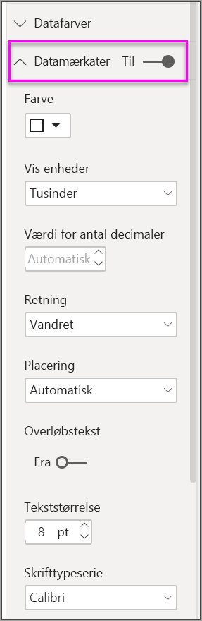 Skærmbillede, der viser formateringsindstillinger for datamærkater i Power BI.