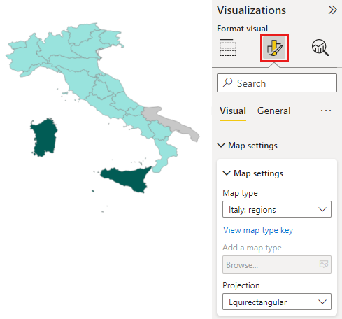 Skærmbillede af et figurkort over Italien.