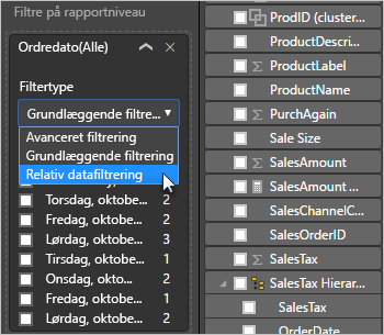 Skærmbillede, der viser indstillingen Relativ dato fremhævet på rullelisten Filtertype.