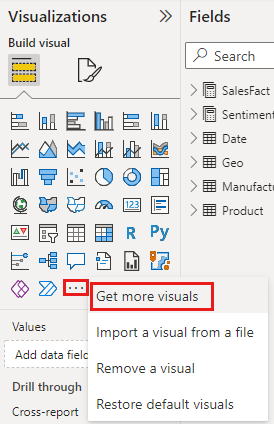 Skærmbillede af indstillingen Hent flere visualiseringer i ruden Visualiseringer.