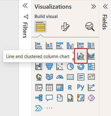 Skærmbillede af ikonet for kurvediagrammet og det grupperede søjlediagram i ruden Visualiseringer.