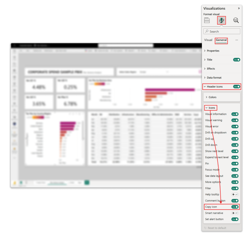 Billede af Fremhævning af Power BI-tjenestens placering af 'Kopiér ikon' valgt.