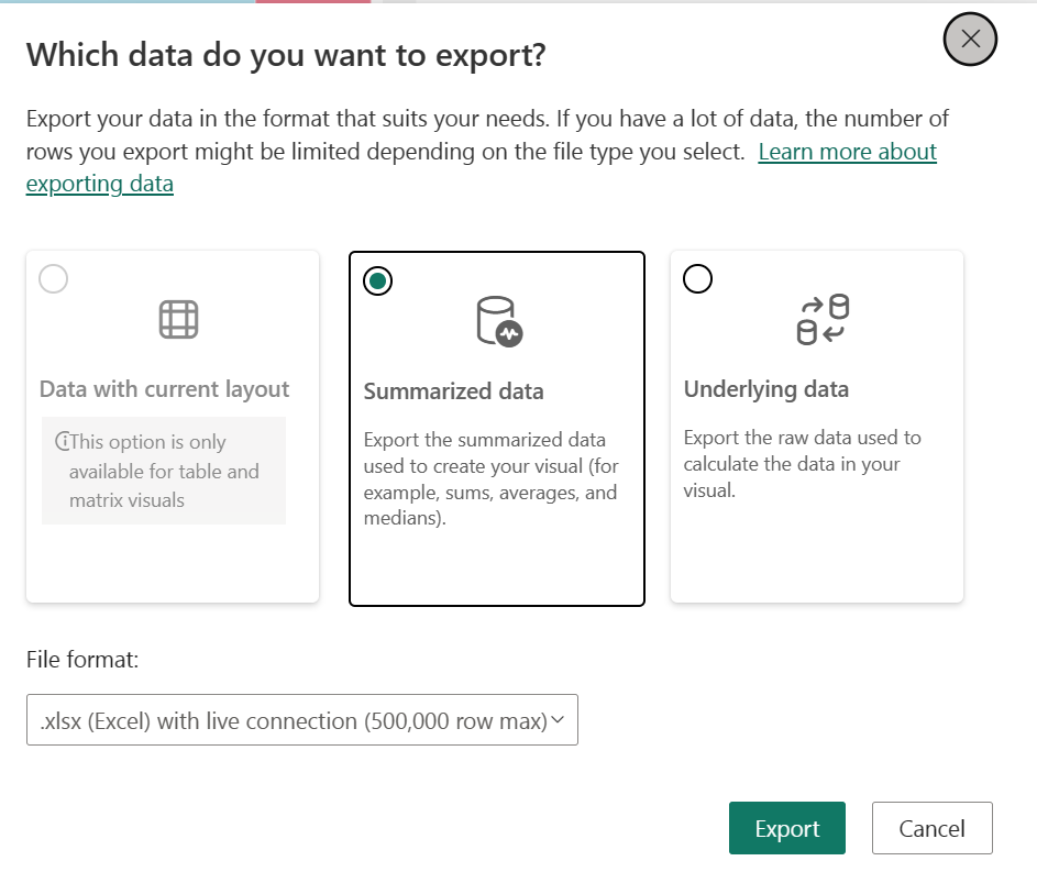 Vindue, der viser indstillinger for Aktuelt layout, Opsummerede data og Underliggende data.