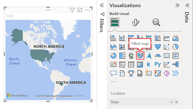 Skærmbillede, der viser, hvordan du konverterer visualiseringen til et udfyldt kort i Power BI Desktop.