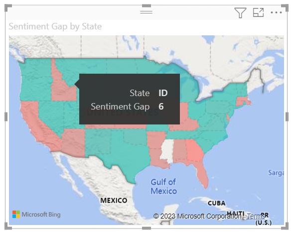 Skærmbillede af oplysninger om værktøjstippet for tilstanden i Idaho på det udfyldte kortvisualisering.