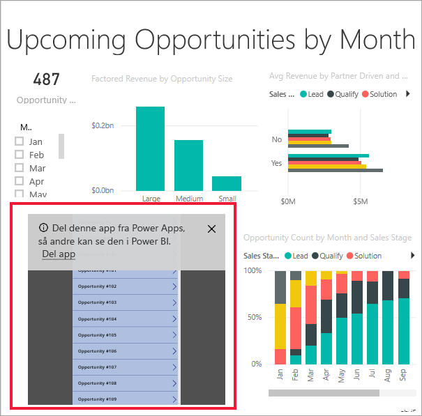 Skærmbillede, der viser Power Apps-visualiseringen i Power BI-rapporten.