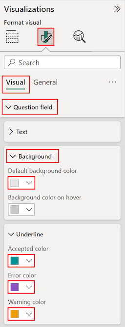 Skærmbillede, der viser, hvordan du konfigurerer nogle formateringsindstillinger for visualiseringer, herunder spørgsmålsfeltet og tekstunderstregningsfarverne.