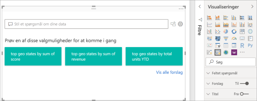 Skærmbillede af den ændrede Q&A-visualisering på rapportlærredet i Power BI.