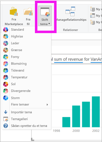 Skærmbillede, der viser, hvordan du vælger rullemenuen Temaer i Power BI Desktop.