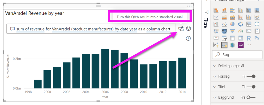 Skærmbillede, der viser, hvordan du konverterer Q&A-visualiseringen til en standardvisualisering.