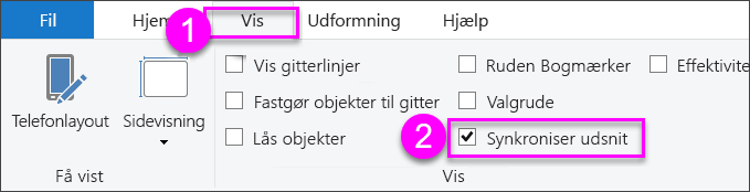 Skærmbillede af valg af synkroniser udsnit i Power BI Desktop.