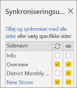 Skærmbillede af Vælg sider i Synkroniser udsnit.
