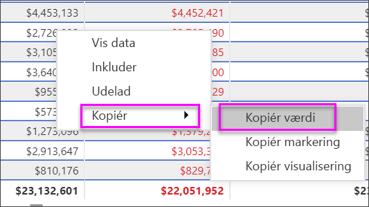 Skærmbillede, der viser, hvordan du kopierer en celleværdi, der skal bruges i andre programmer.