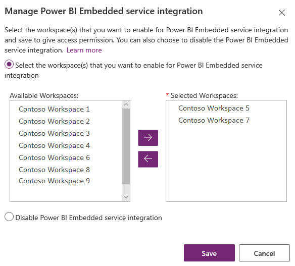 Administrer Power BI Embedded-tjenesteintegrationen.